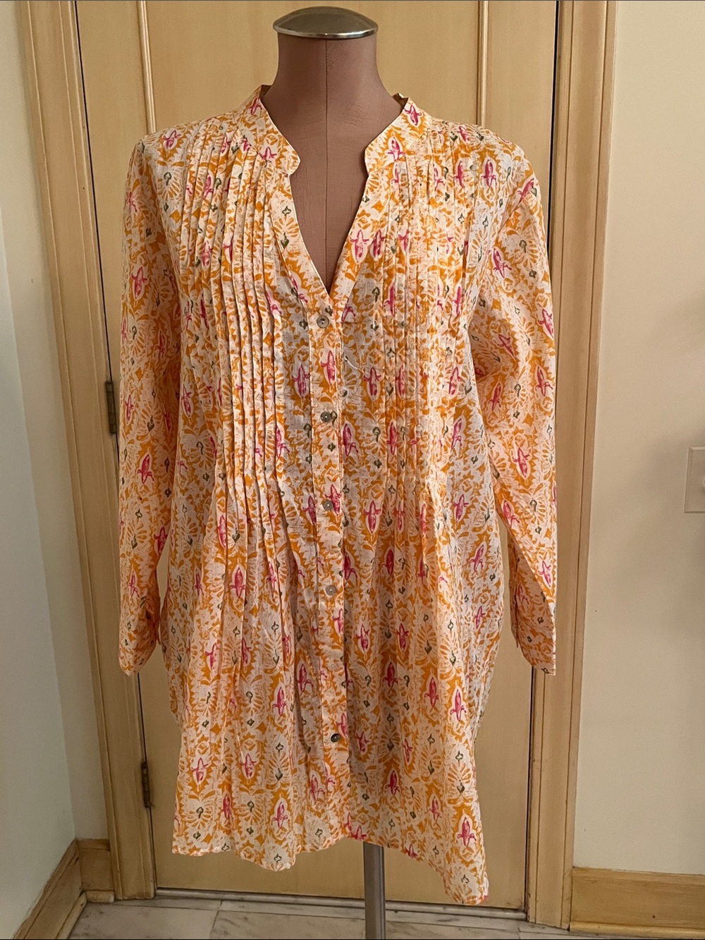 ROCK FLOWER PAPER NWT Boho Coastal Pleated 100% Cotton L.S. Geo/Floral Tunic XL